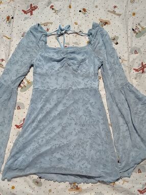 Light Blue Long Sleeve Floral Lace Dress